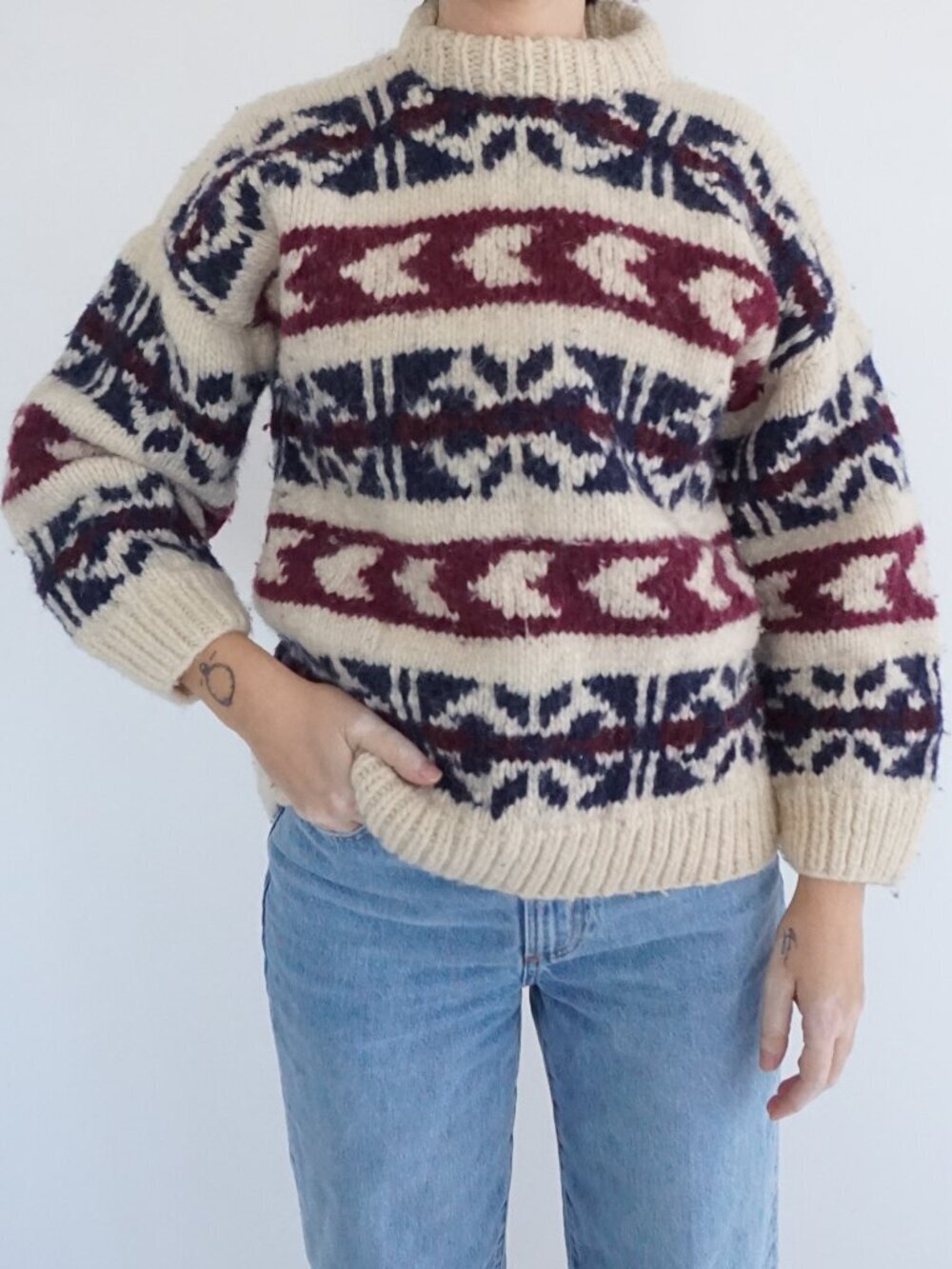 Vintage Scandinavian Cream Burgundy Knit Nordic Fair Isle Wool Sweater Thick M